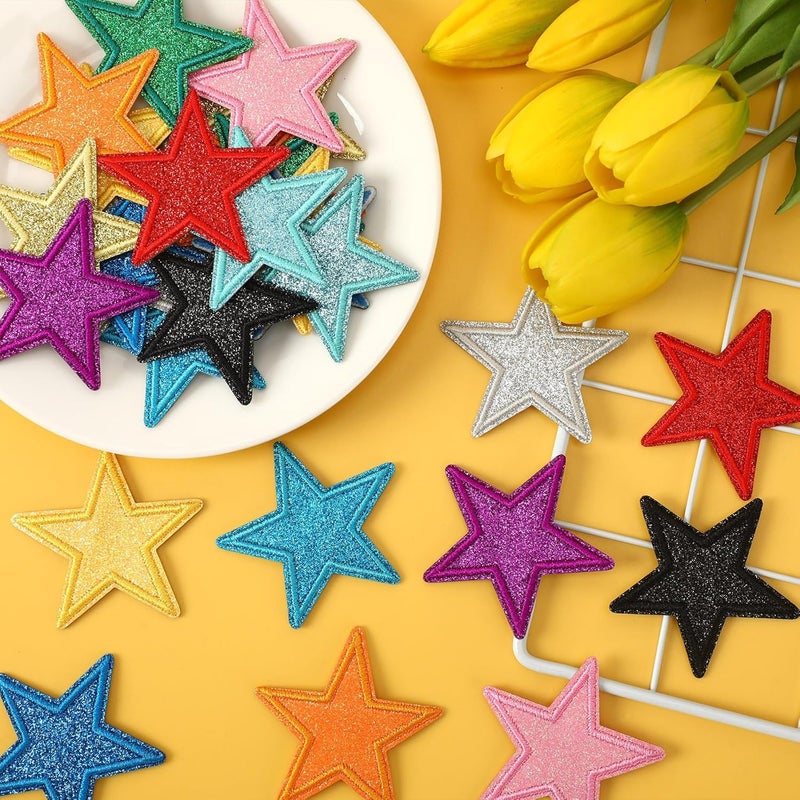 Augsun 30pcs Glitter Star Iron on Patches Clothing Embroidered Colorful Shiny Star Sew on Patches Applique Repair Patch ﻿DIY Crafts for Clothing Jacket Jeans Pants Dress Backpack Hat Decorations - Image 3